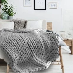 Sortie 🧨 The Home Deco Factory Plaid Grosse Maille Chunky - L. 150 X L. 120 Cm - Gris 😉