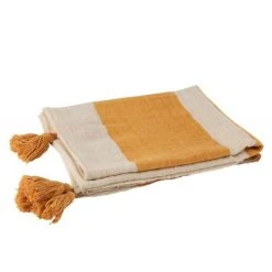 Vente flash ❤️ Paris Prix Plaid Déco à Pompons Rayures 130x170cm Ocre 🧨