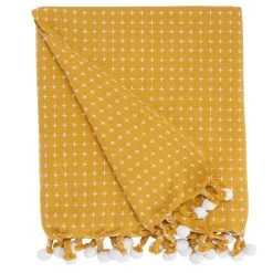 Offres 👍 FUTURE HOME Plaid Polycoton Curry Et Blanc Avec Pompons 125x150cm 😍